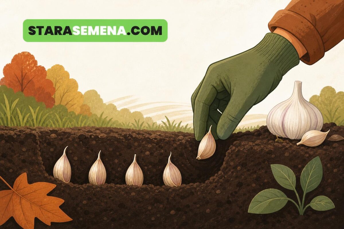Gloved hand planting garlic cloves in a dark soil trench against a background of autumn trees and fall foliage.