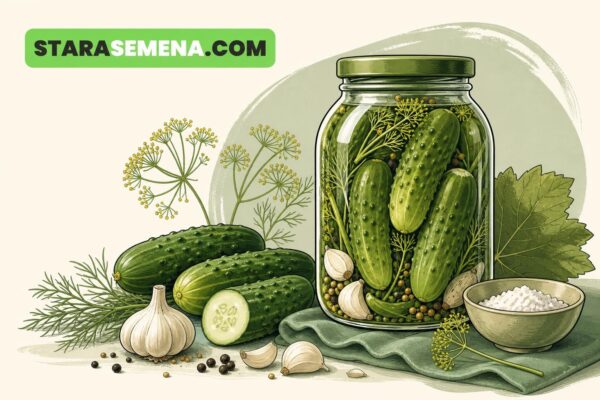 Illustration of a glass jar filled with pickled cucumbers, dill, and garlic, surrounded by fresh ingredients and a bowl of salt.