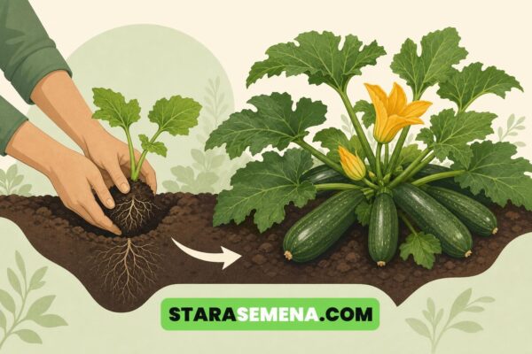 Ilustracija: ruke sade rasad tikvice, a strelica vodi do biljke sa žutim cvetom i plodovima