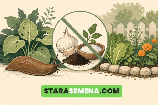 Ilustracija: puž u bašti pored izgriženih listova, a u krugu precrtanom kosom crtom su beli luk i so