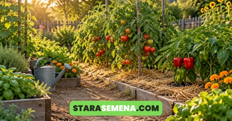 Bašta u julu: paradajz sa zrelim plodovima, paprika i leje malčirane slamom, pored kante za zalivanje