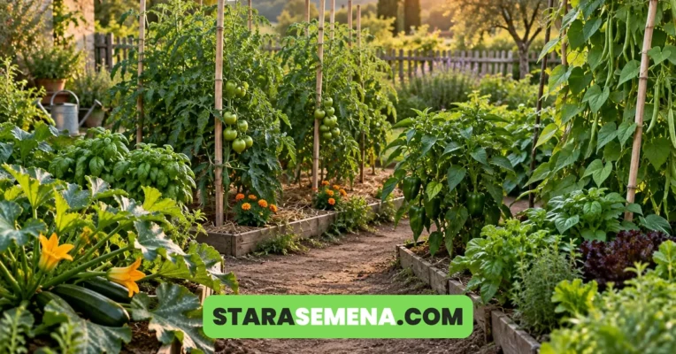 Bašta u junu: paradajz vezan uz kolce sa zelenim plodovima, paprika, tikvica sa cvetovima i pasulj penjač
