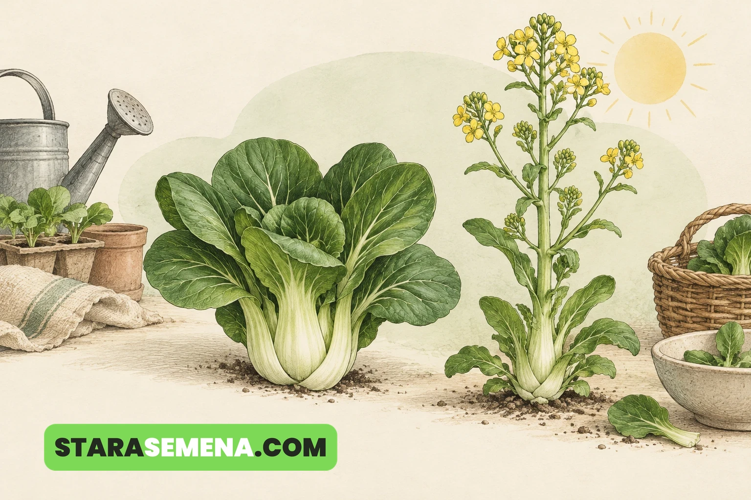 Bok choy koji je izbacio cvet pored biljke spremne za berbu