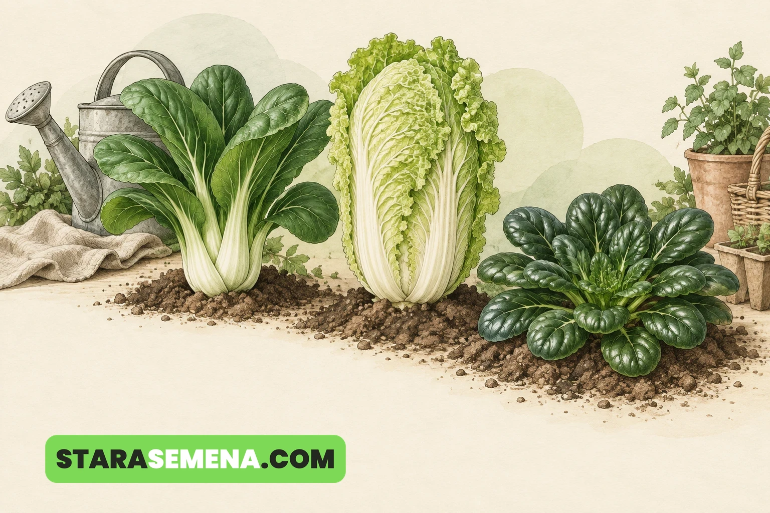 Bok choy, kineski kupus i tatsoi jedan pored drugog
