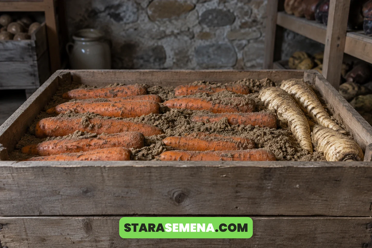 Šargarepa i paštrnak složeni u sanduk sa vlažnim peskom za čuvanje preko zime