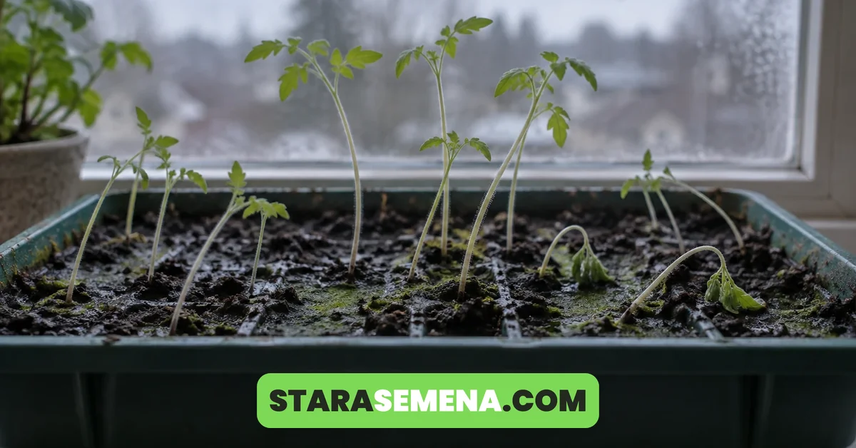 Izdužen i polegao rasad paradajza u prevlaženom kontejneru sa zelenom naslagom na zemlji, na prozoru