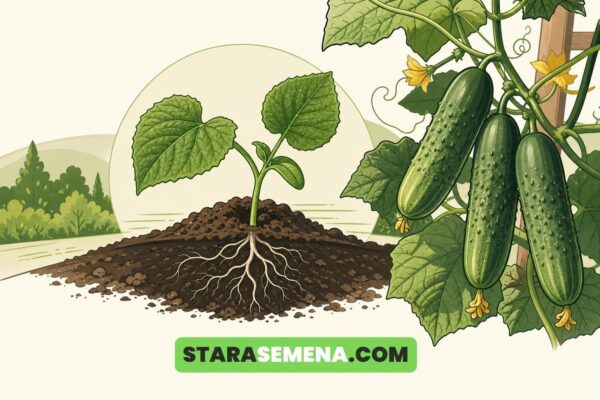Ilustracija: mlada biljka krastavca sa korenom u zemlji i biljka sa plodovima i cvetovima na potpori