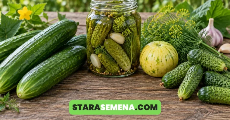 Krastavci salatari, sitni kornišoni i tegla kiselih kornišona