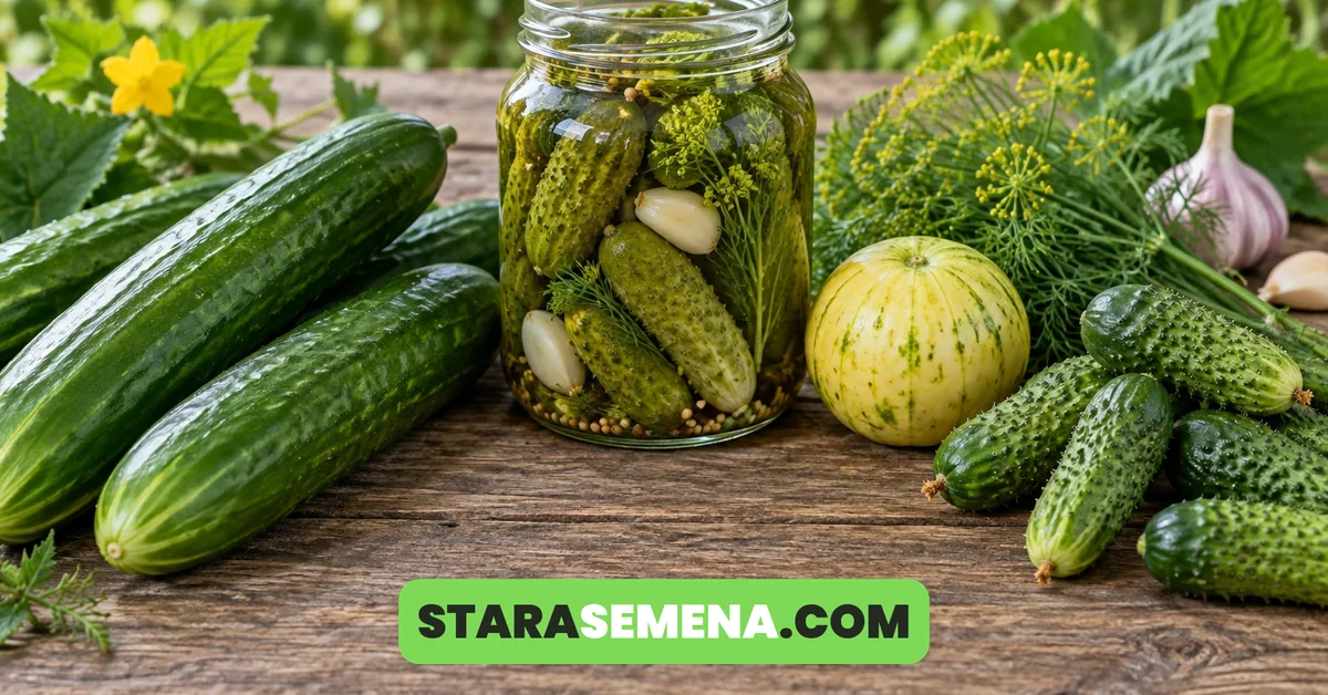 Krastavci salatari, sitni kornišoni i tegla kiselih kornišona