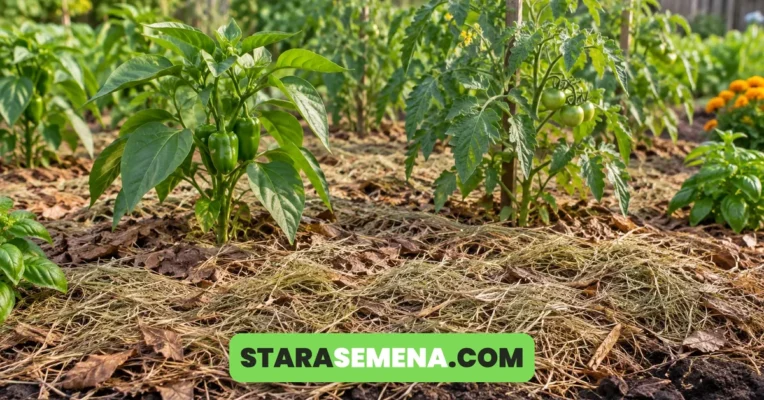 Paprika i paradajz u leji malčiranoj suvom travom i lišćem