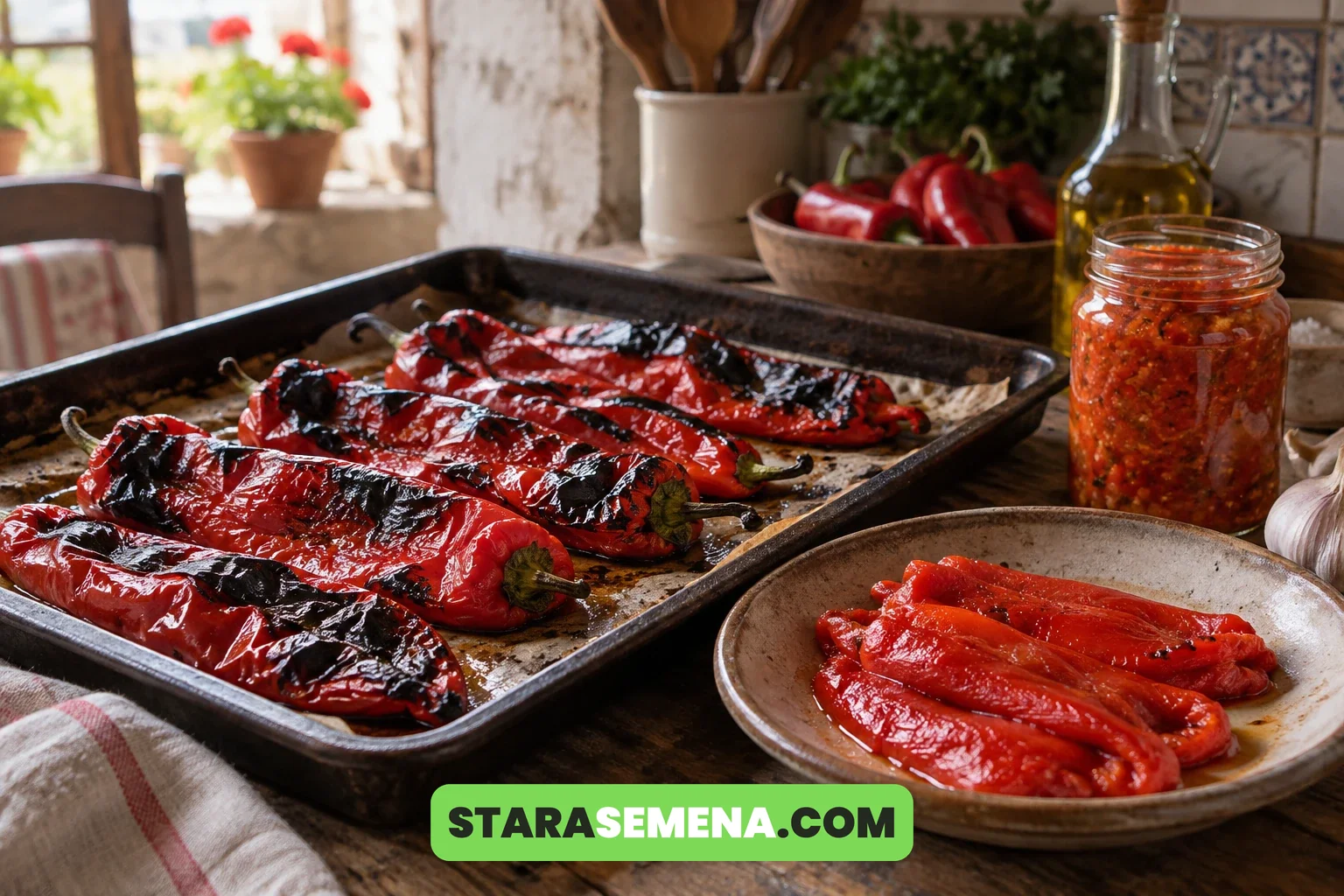 Pečene paprike kapije za ajvar, oljuštene paprike i tegla domaćeg ajvara