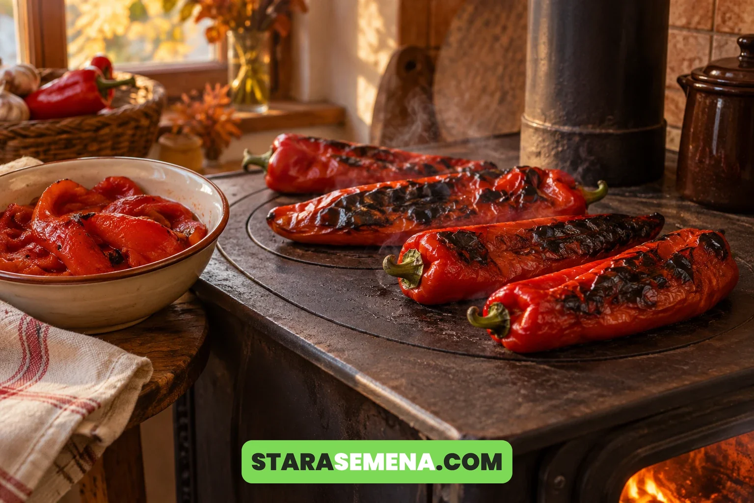 Pečenje paprike za ajvar na šporetu na drva, pored činije sa pečenim i oljuštenim paprikama
