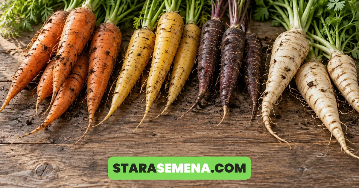 Stare sorte šargarepe u narandžastoj, žutoj i crnoj boji i beli koreni paštrnaka