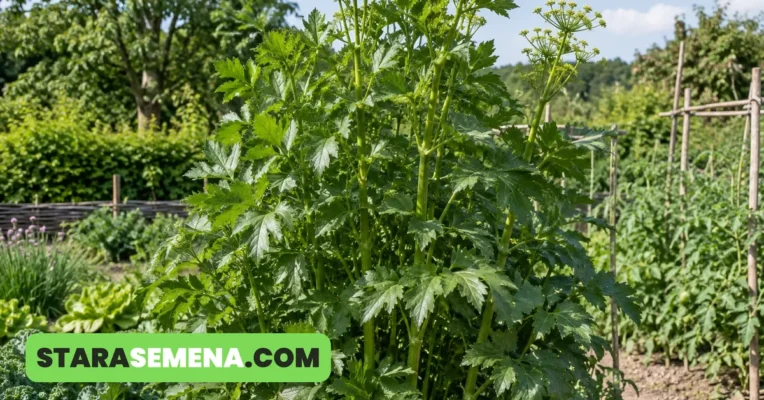Visoka biljka selena (ljupčac) u bašti, krupni tamnozeleni listovi nalik celeru i žuti štitasti cvetovi
