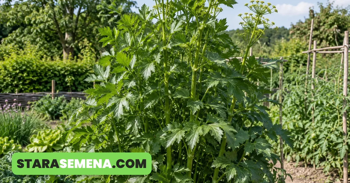 Visoka biljka selena (ljupčac) u bašti, krupni tamnozeleni listovi nalik celeru i žuti štitasti cvetovi