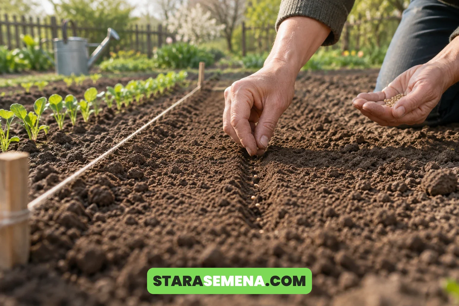 Setva semena u plitku brazdu uz zategnut kanap u leji, pored reda mladih biljaka koje su već nikle