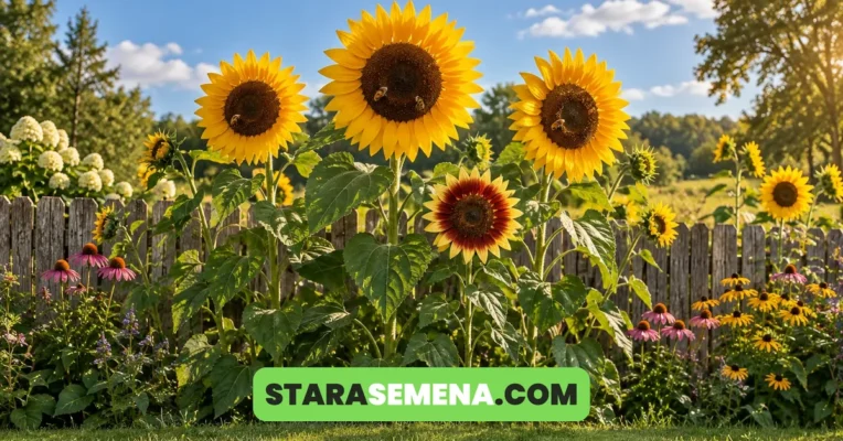 Divovski žuti suncokreti i dvobojni ukrasni suncokret uz drvenu ogradu, sa pčelama na cvetovima