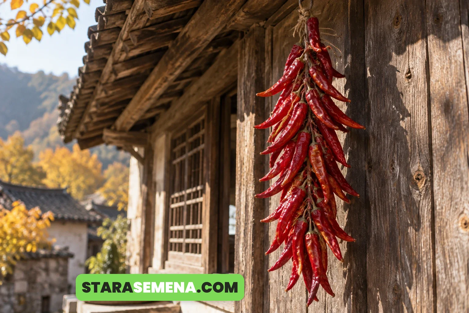 Venac sušenih crvenih paprika venčara okačen na drveni zid kuće